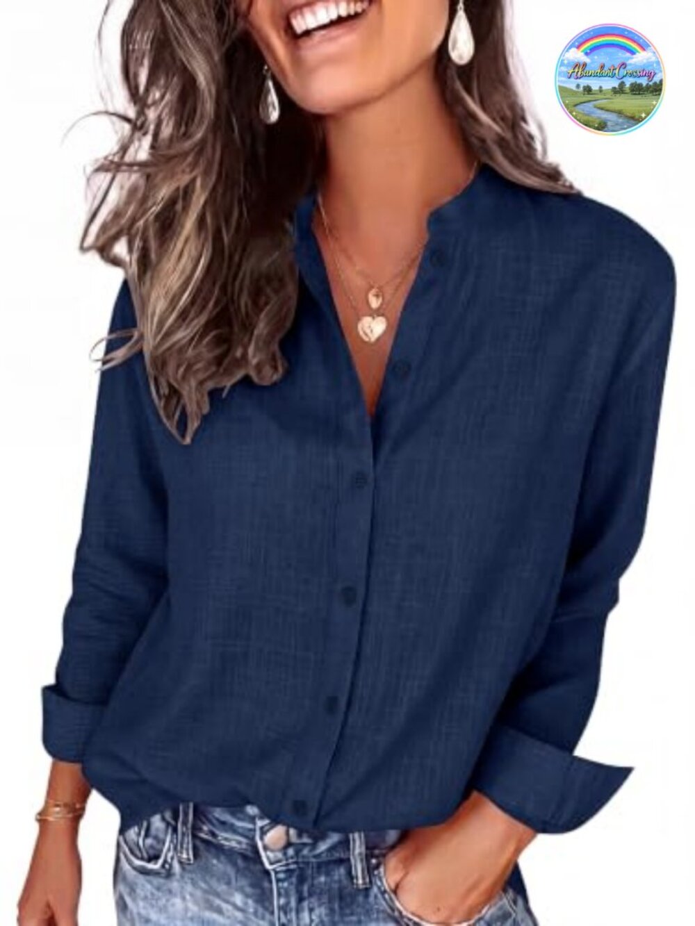 100% Cotton Mandarin Collar Button-Down Shirt Long Sleeve Casual Blouse